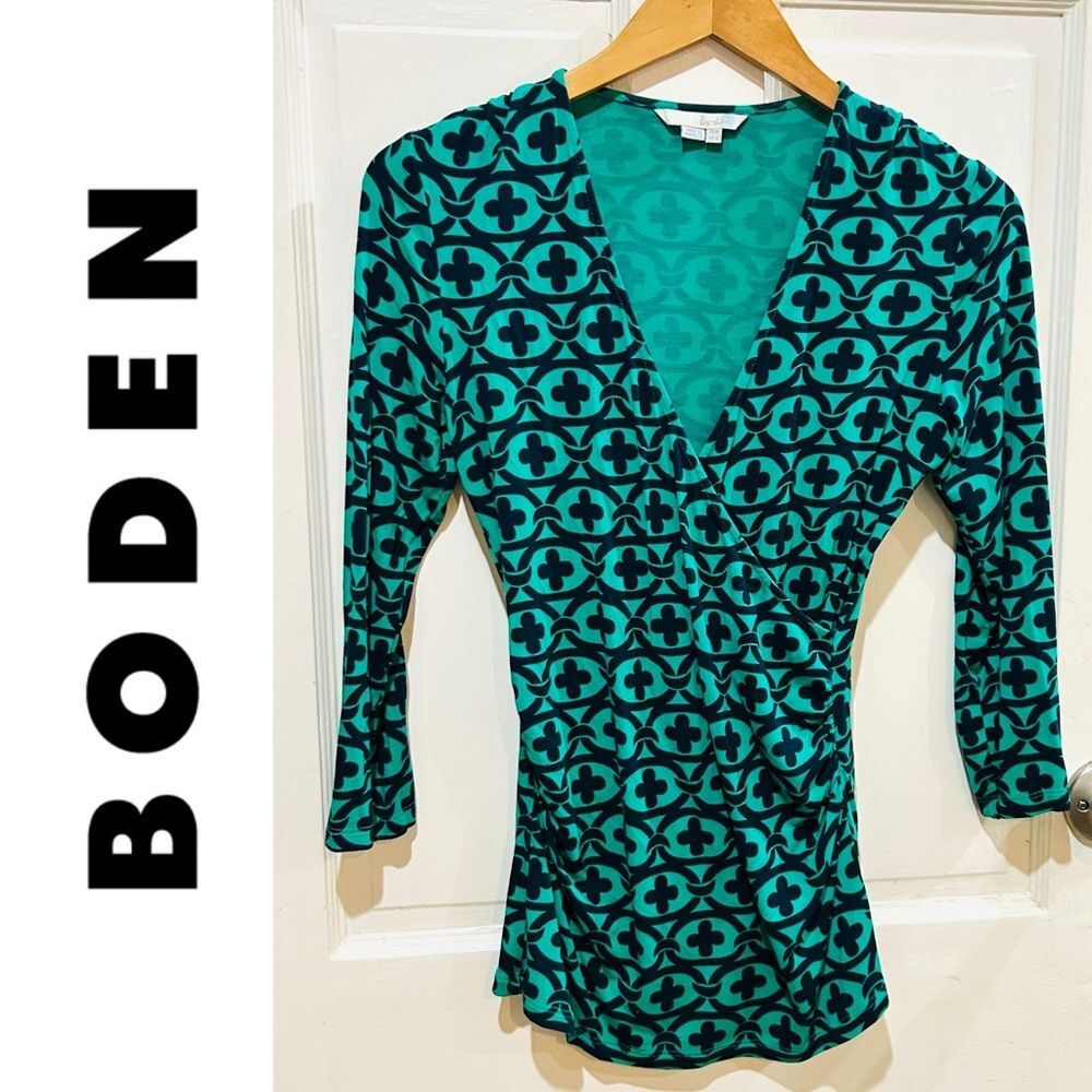 Boden Kelly Green Navy Surplice Wrap Top Geometric Print Workwear Office Size 6